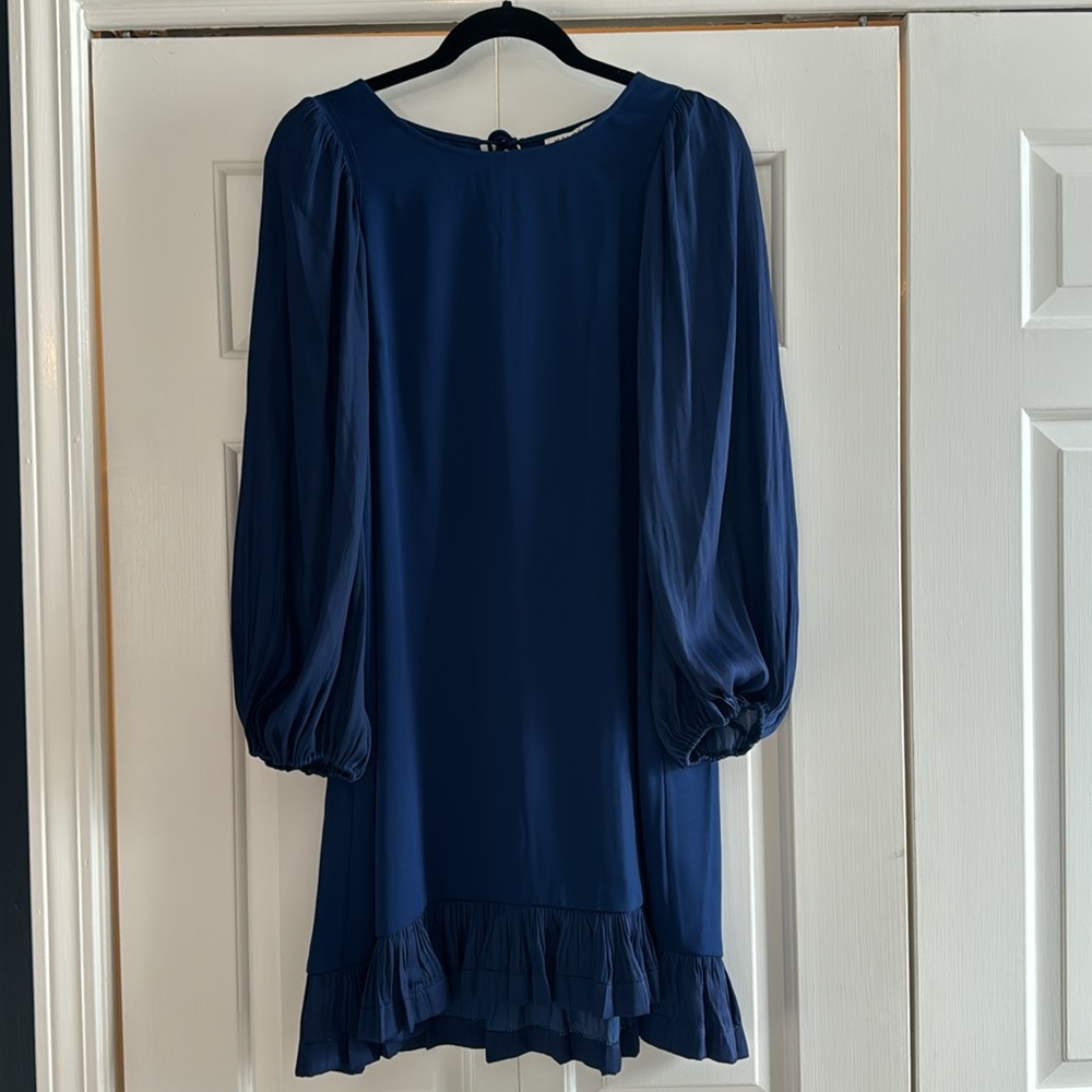 Halston Heritage navy blue puff-sleeved ruffle-trimmed mini dress